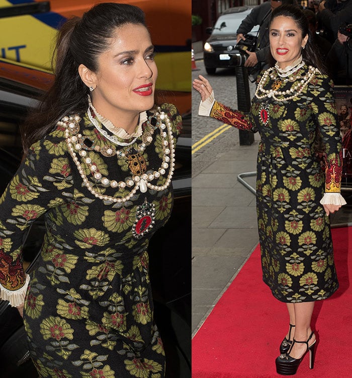 Close-up shots reveal the intricate pearl embellishments and flame-embroidered sleeves that elevate her opulent look