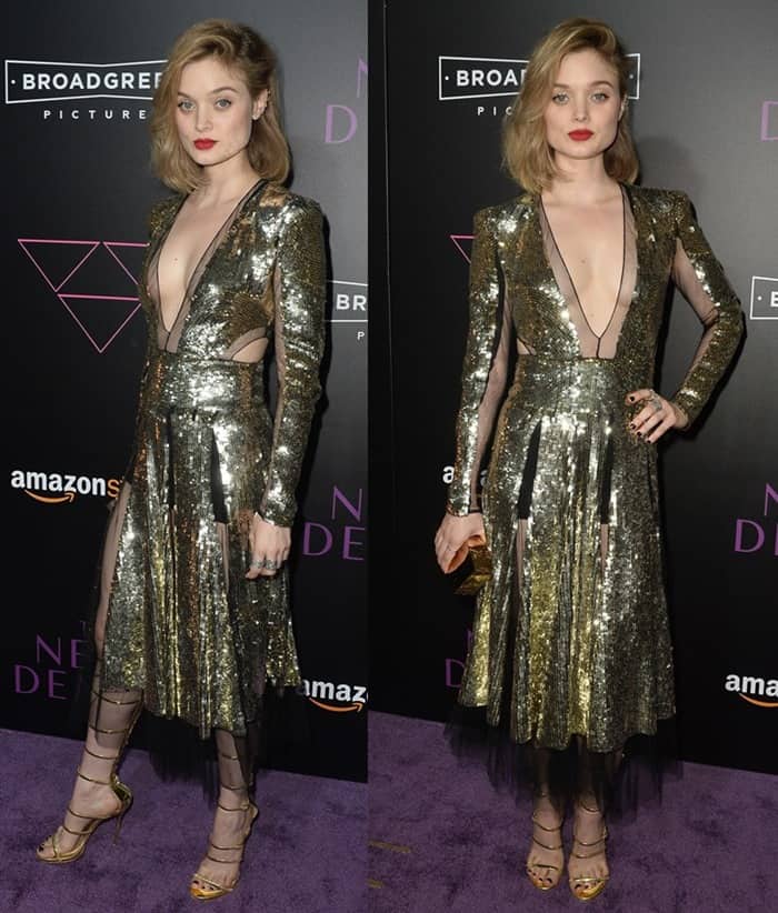 Bella Heathcote stole the spotlight with gold, metallic gladiator sandals by Giuseppe Zanotti and a shimmering Alexander McQueen dress at the premiere of Amazon's 'The Neon Demon' at ArcLight Cinemas Cinerama Dome on June 14, 2016, in Hollywood, California