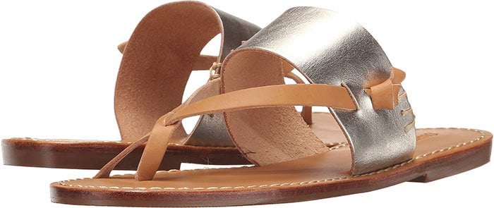 Soludos ‘Slotted’ thong sandals crafted from two-tone leather, featuring tan crisscross straps and a metallic platinum upper