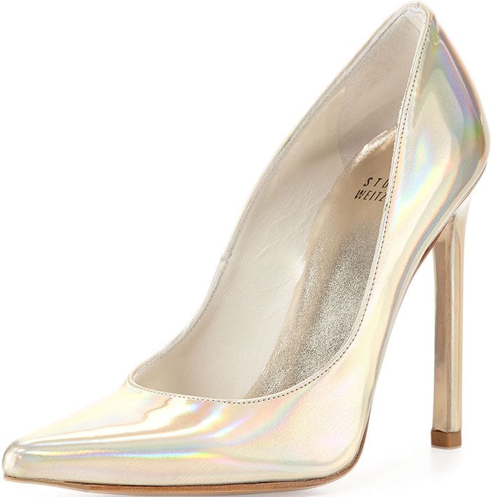 Gold Metallic Iridescent Stuart Weitzman "Queen" Pointy-Toe Pumps