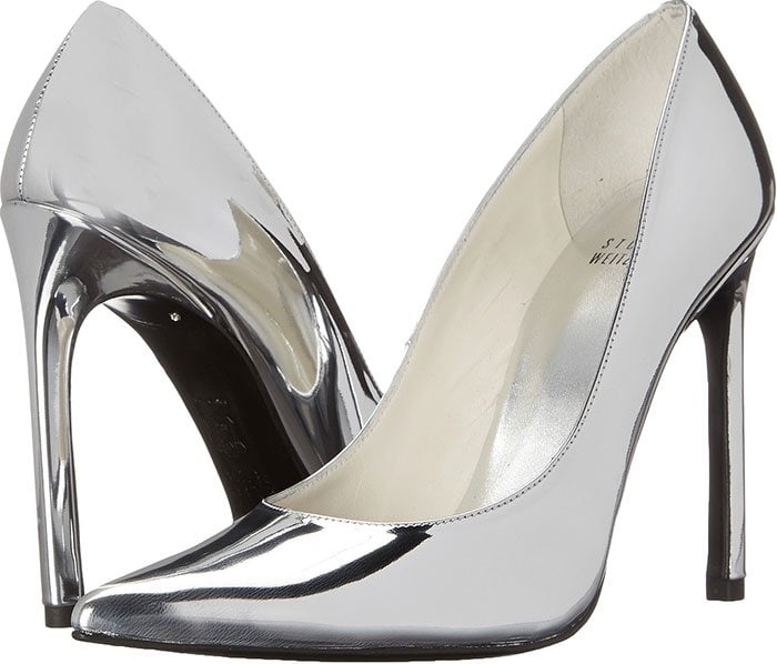 Silver Metallic Iridescent Stuart Weitzman "Queen" Pointy-Toe Pumps