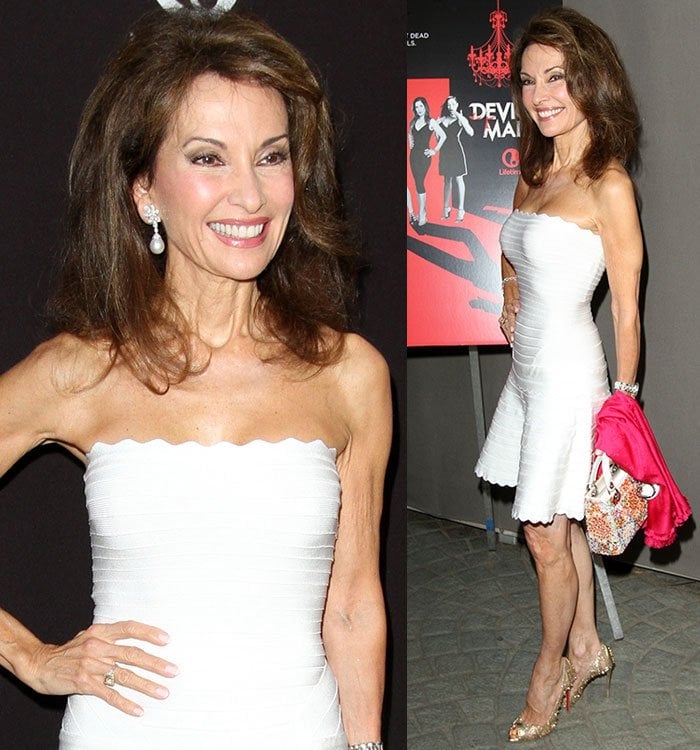 The actress shows off her toned silhouette and signature confidence, accentuating the scalloped neckline of her white dress with pearl drop earrings and a bright pink wrap