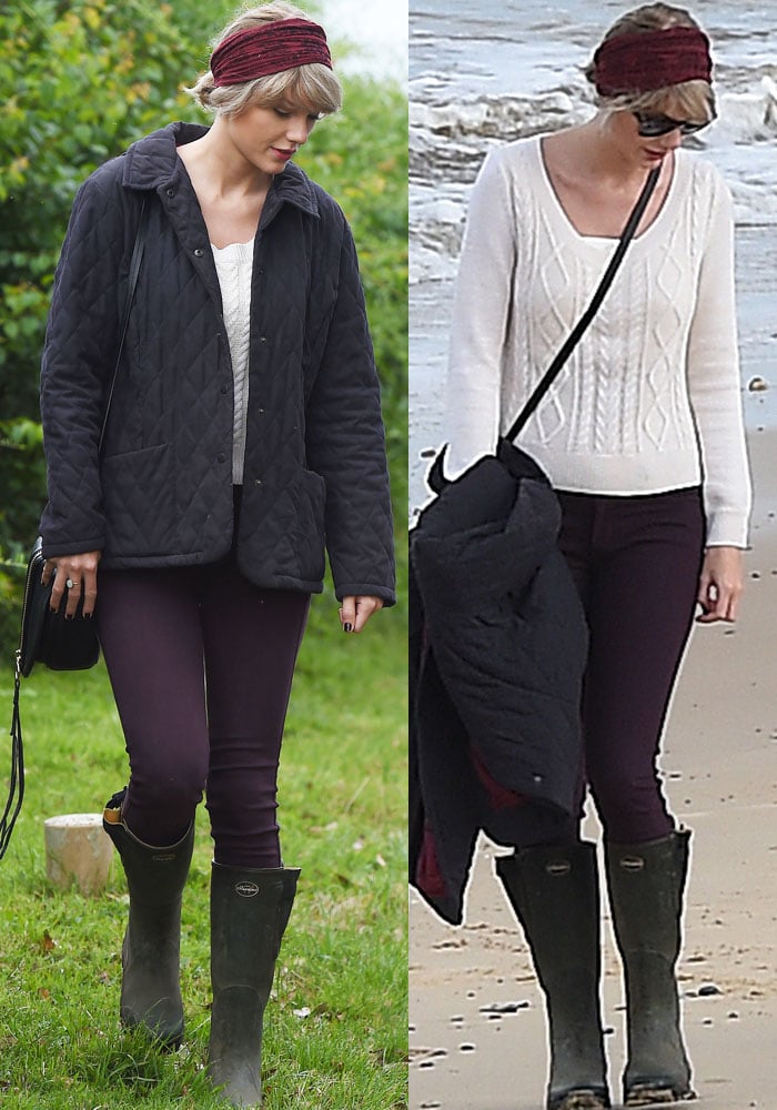 Taylor Swift keeps it practical and polished in Le Chameau “Chasseur” boots, pairing them with wine-toned skinnies, a cream cable-knit sweater, and a quilted jacket for a low-key stroll in Suffolk