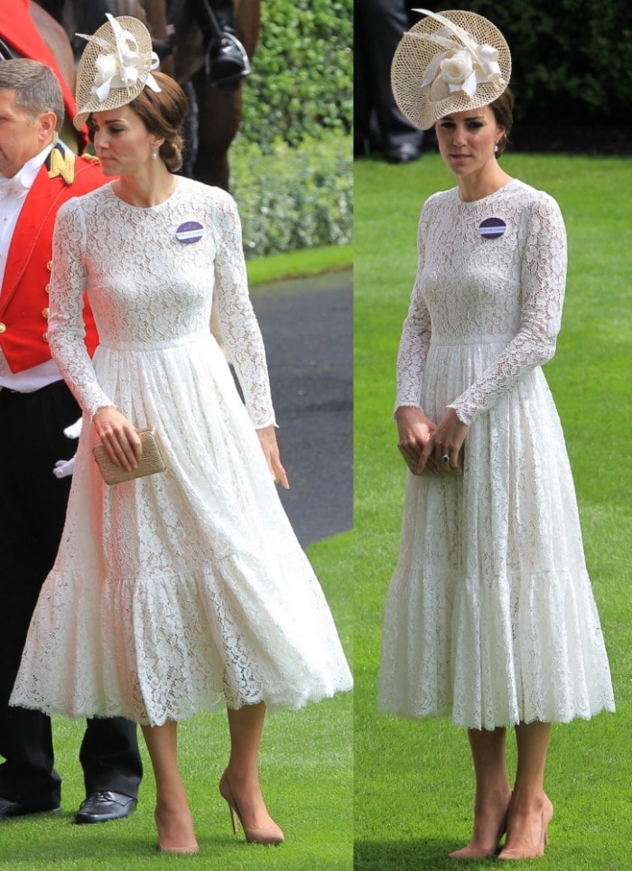 Kate Middleton arrives at the Royal Ascot horse races in a white lace dress from Dolce Gabbana