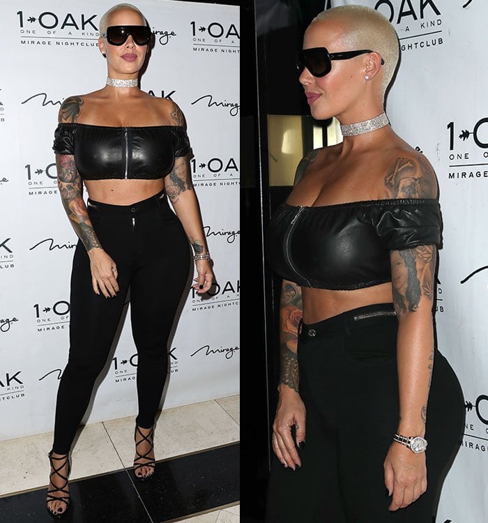From every angle, Amber’s look combined sleek leather textures with her trademark tattoos and confident stance