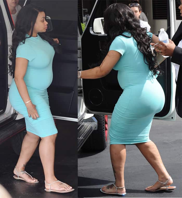 Blac Chyna confidently flaunts her curves in a tight aqua dress that highlights her growing baby bump and accentuates her famous derrière, completing the look with sleek, understated sandals