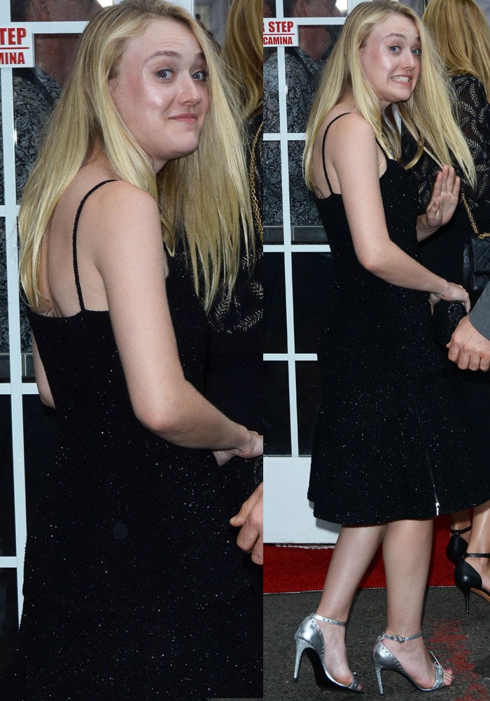 Dakota Fanning sparkles in a black Chanel dress paired with silver star-studded Rodarte ankle-strap heels at the Café Society premiere