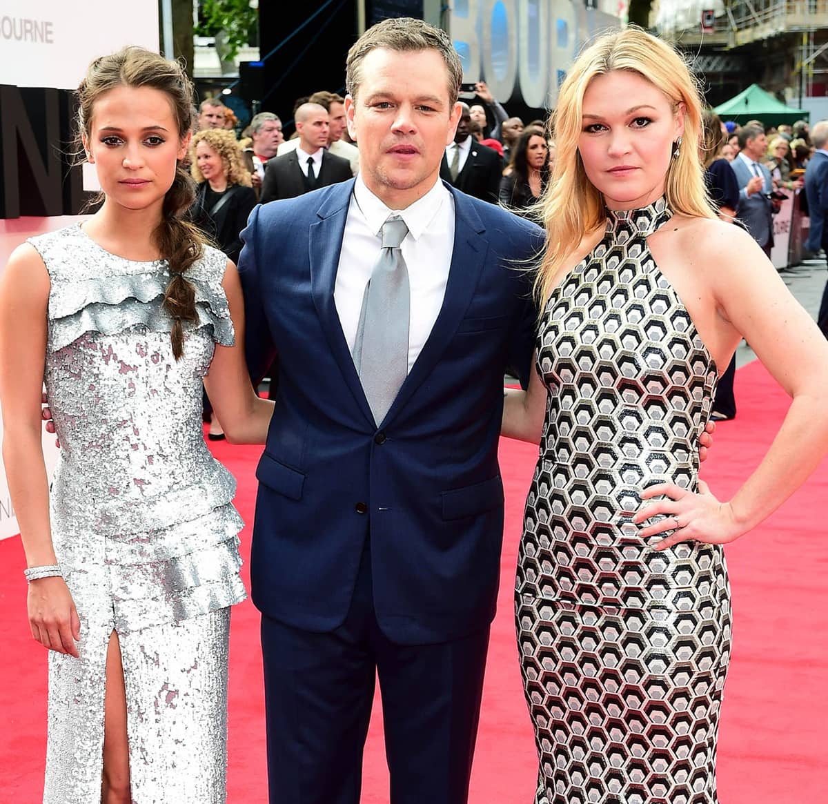 Alicia Vikander sparkled in her sequined Louis Vuitton gown beside Matt Damon in a sharp navy suit, while Julia Stiles radiated confidence in a bold Rubin Singer halter dress