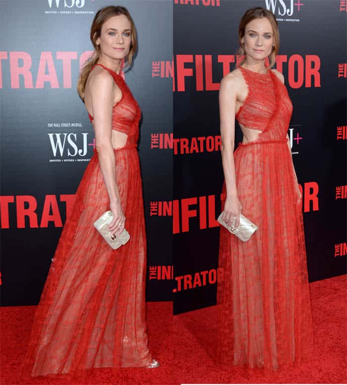 Diane Kruger glows at The Infiltrator New York premiere in a red lace Jason Wu gown with daring side cut-outs, pairing the look with barely visible metallic stiletto heels that subtly lengthened her frame and reflected her signature refined elegance