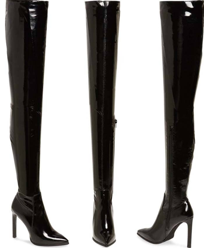 Major fashion moments are inevitable with this boldly designed thigh-high boot featuring a pointy toe, stiletto heel and edgy personality to spare
