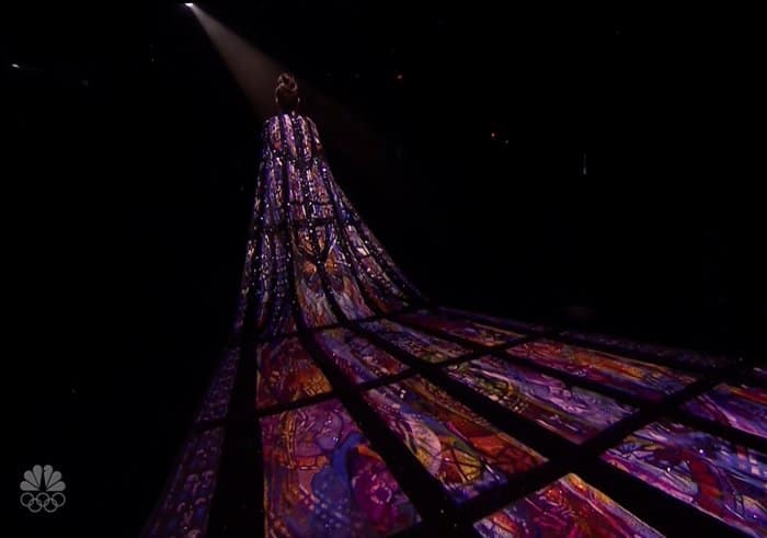 Jennifer Lopez in an outfit featuring 10,000 colorful Swarovski crystals and hand-made silk embroideries from Michael Cinco's ‘Sainte Chapelle’ Spring 2016 Couture Collection