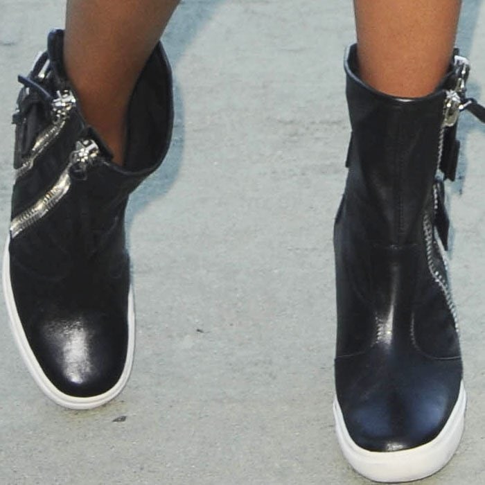 Karrueche's "Army Barbie" look included a pair of Giuseppe Zanotti wedges