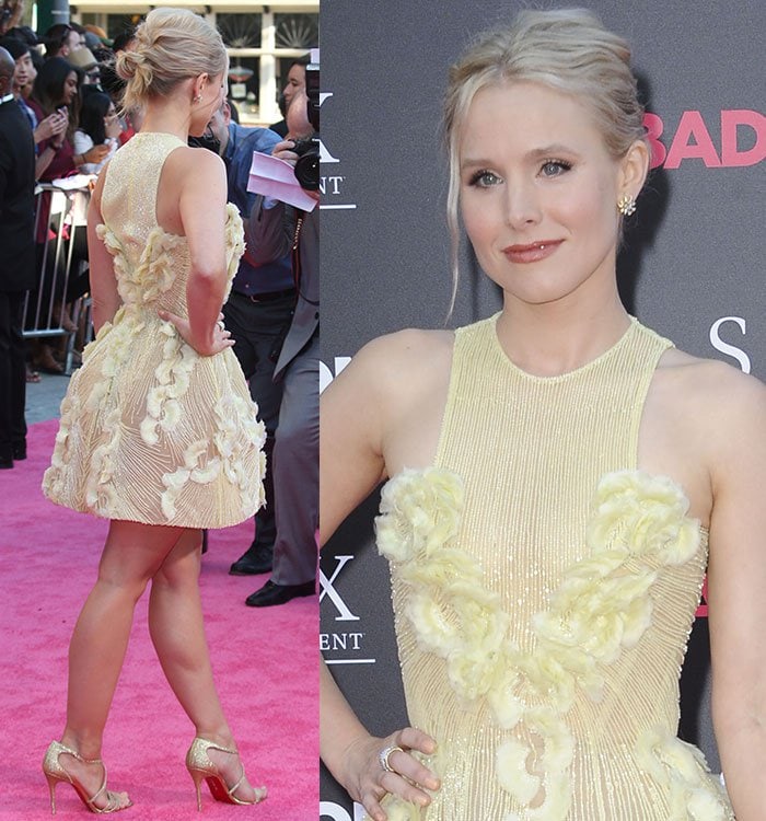Kristen Bell’s butter-yellow Georges Chakra Couture dress balanced delicate floral appliqués, shimmering beadwork, and a softly sculpted silhouette for a playful yet polished premiere look