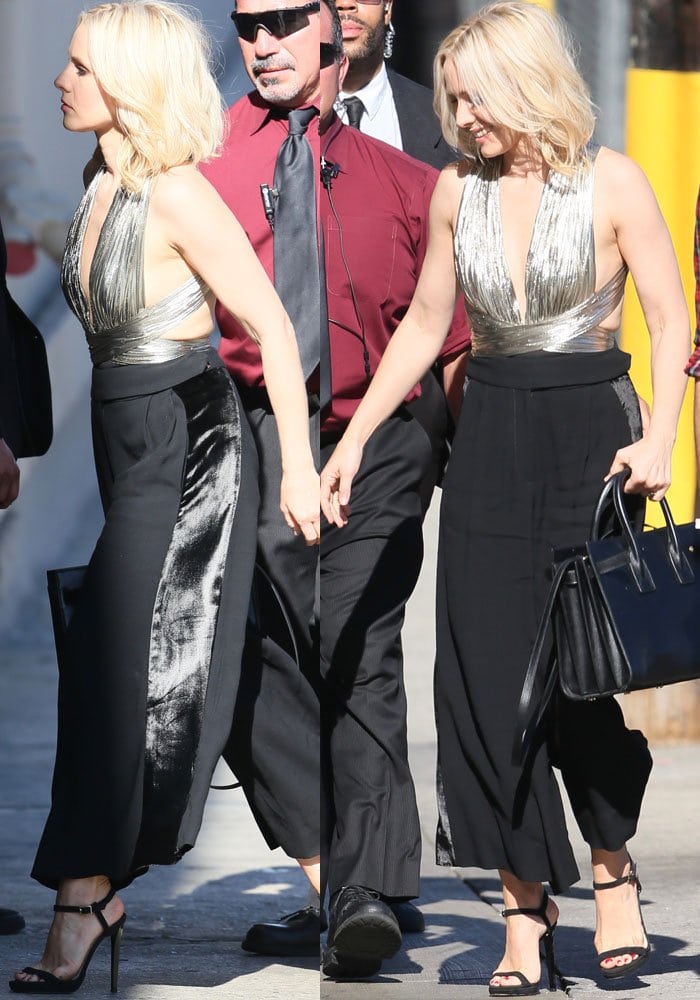 Kristen Bell arrives at ABC Studios in a champagne Maria Lucia Hohan top and trouser set, grounding the look with black suede Jimmy Choo Claudette sandals and a structured Saint Laurent Sac de Jour tote