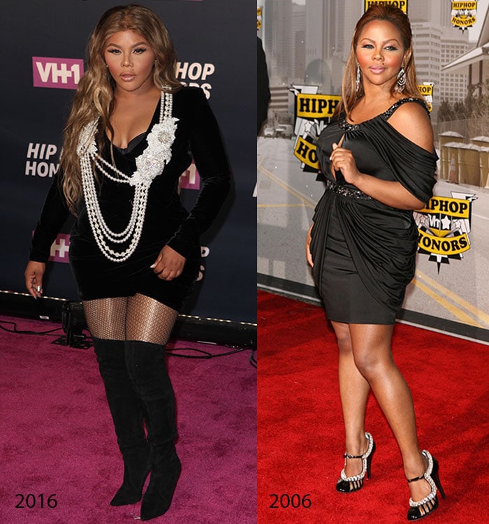 Lil’ Kim at the VH1 Hip Hop Honors in 2016 and 2006, showcasing her evolving red-carpet style—from a pearl-draped velvet mini dress with thigh-high boots to a sleek black cocktail dress paired with strappy heels