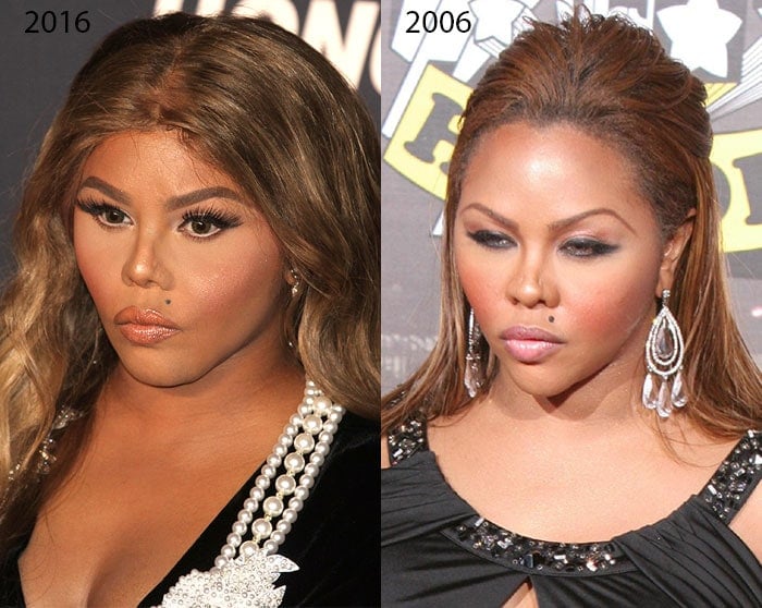A side-by-side comparison shows Lil’ Kim at the VH1 Hip Hop Honors in 2016 alongside her appearance at the same event in 2006, highlighting the dramatic evolution of her red-carpet beauty look over the decade