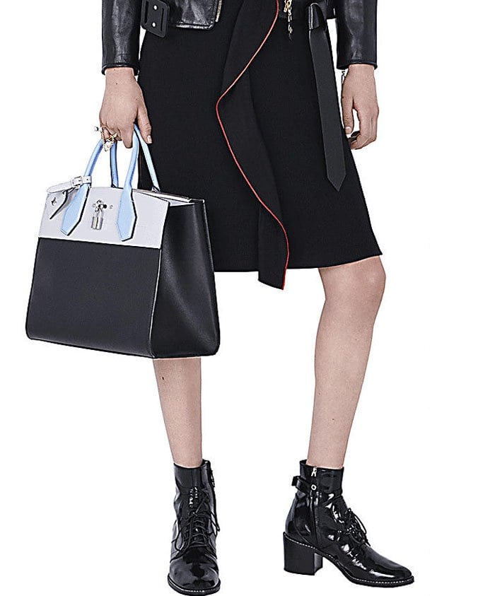 Louis Vuitton “Republic” patent leather ankle boots, featuring a glossy finish, lace-up fronts, rounded almond toes, and chunky block heels that balance moto-inspired edge with refined craftsmanship