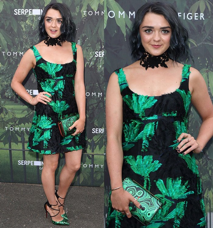 Maisie Williams embraced Gothic-chic in a green-and-black Milly dress with matching Christian Louboutin accessories