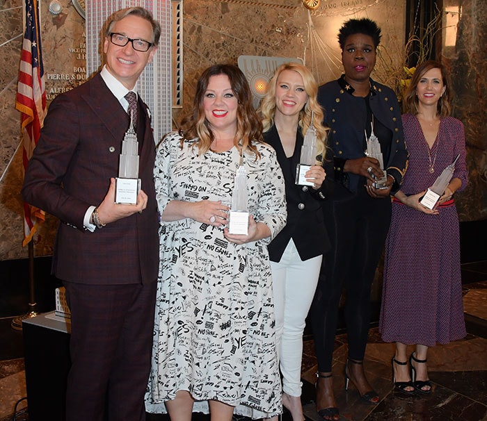 Melissa McCarthy beams alongside director Paul Feig and co-stars Kate McKinnon, Leslie Jones, and Kristen Wiig at the Ghostbusters 2016 Empire State Building lighting ceremony in New York City