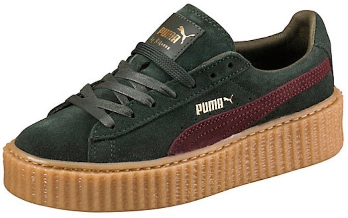 Puma by Rihanna Green-Bordeaux Creeper — Rihanna’s cult-favorite suede creeper in a deep forest-green hue, grounded by a ribbed gum platform sole and finished with a rich Bordeaux Formstrip for a bold, street-style statement
