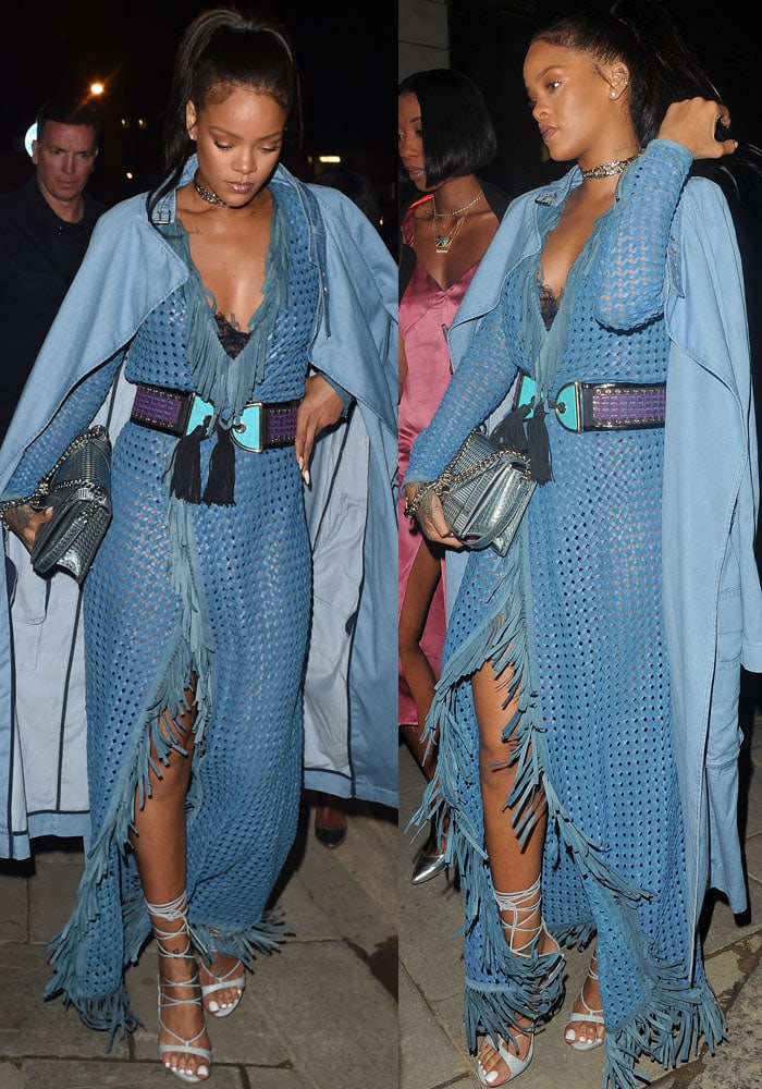 Rihanna turns heads in a fringed blue Balmain ensemble, paired with strappy DSquared2 RiRi sandals and a metallic Dior "Diorama" clutch, showcasing her flawless street style in London