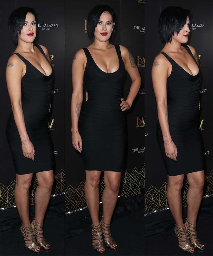 Rumer Willis in an LBD paired with bronze caged sandals for the opening night of "BAZ: Star Crossed Love"