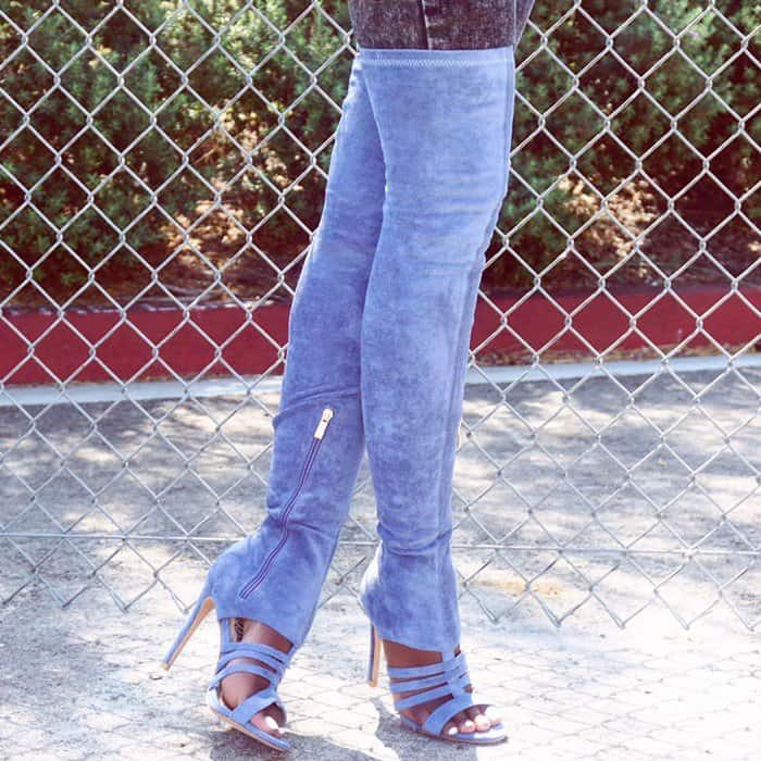 Sexy Blue Strappy T-Strap Cut Out Thigh High Heel Boots