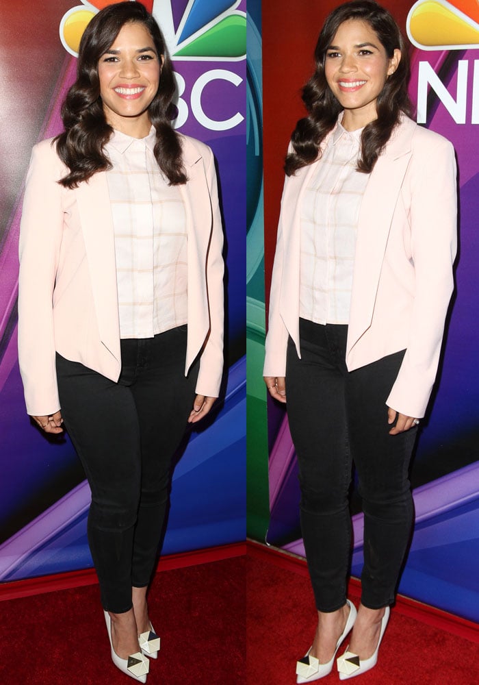 America Ferrera brightened the red carpet in a blush plaid button-down layered under a pale pink blazer, styled with dark skinny jeans and geometric white-and-gold Nicholas Kirkwood pumps