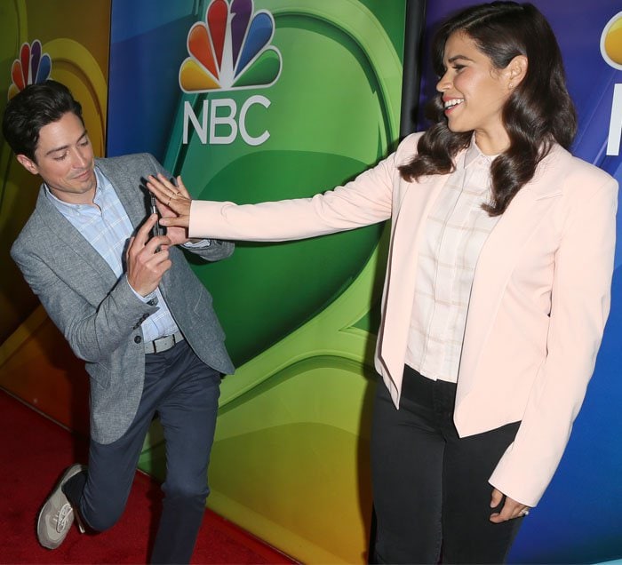 America Ferrera shares a playful moment with her Superstore co-star Ben Feldman at NBCUniversal’s Summer TCA Press Tour, laughing off their unexpectedly coordinated pastel outfits on the red carpet