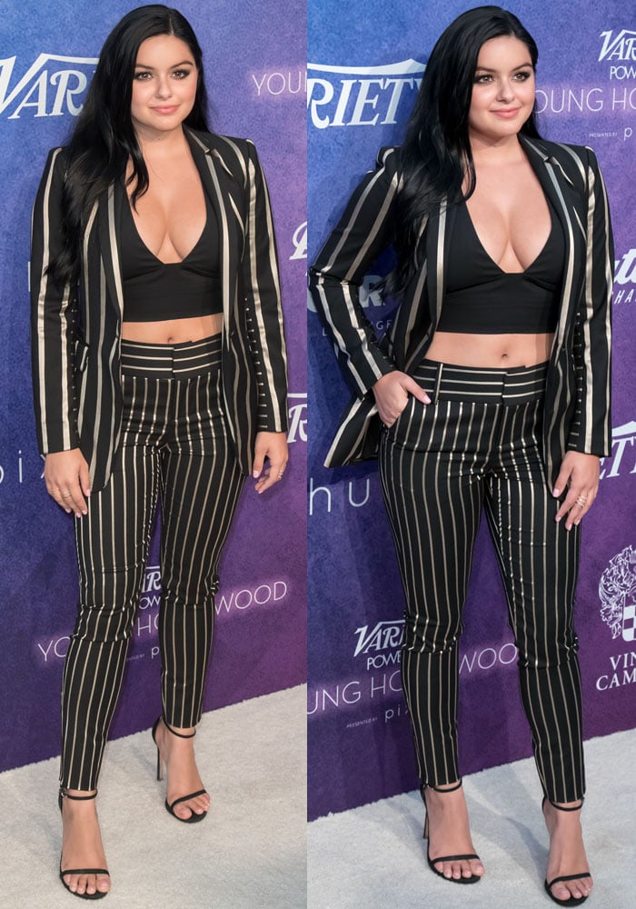 Ariel Winter commands attention at Variety’s Power of Young Hollywood event in a striped Alice + Olivia suit layered over a plunging black crop top
