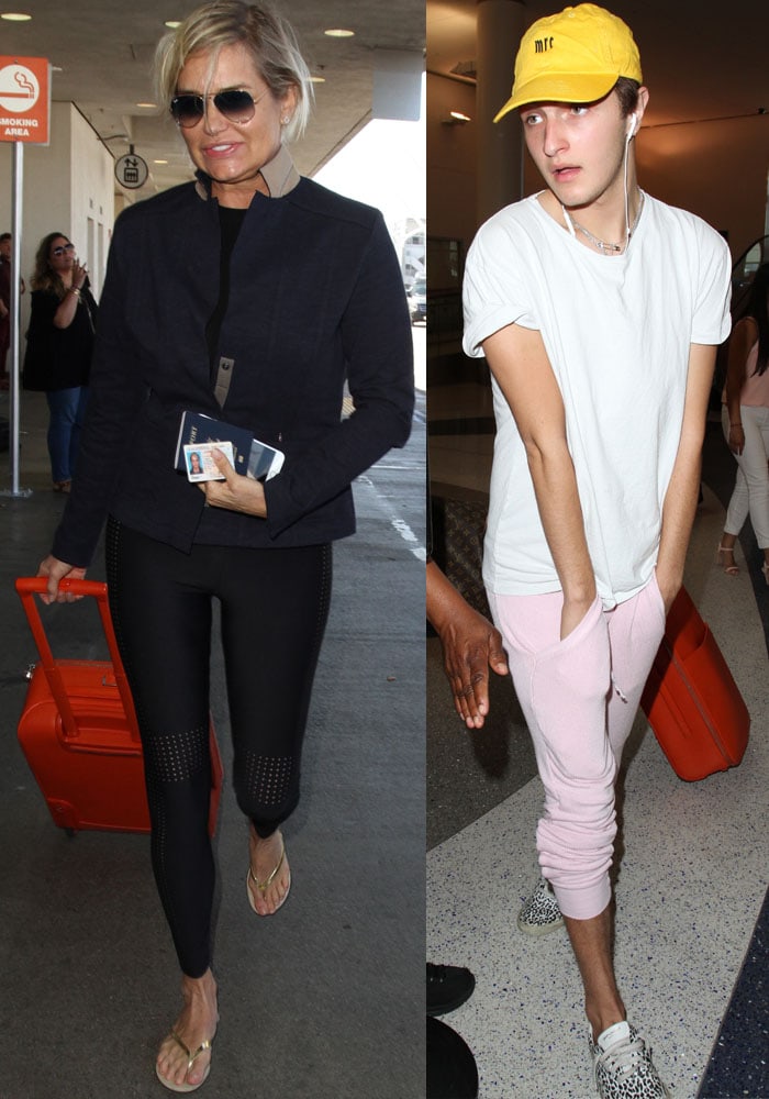 Yolanda Hadid keeps her travel style sleek in laser-cut leggings and metallic flip-flops, while Anwar opts for relaxed sweats and printed sneakers for a low-key airport arrival