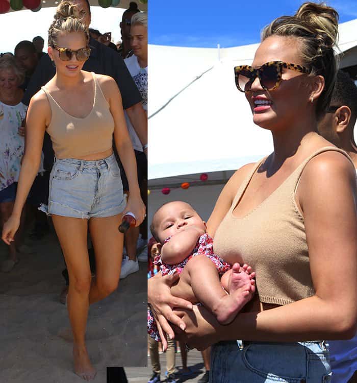 Chrissy Teigen hid her eyes behind a pair of Alexander McQueen tortoise-framed sunnies