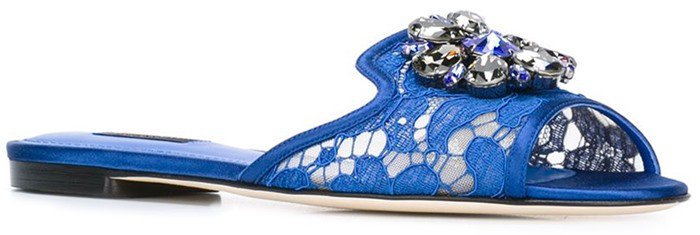 Blue silk-cotton blend and leather 'Bianca' sliders from Dolce  Gabbana featuring an open toe, a floral lace pattern, rhinestone embellishments, a branded insole, a leather insole, and a leather sole