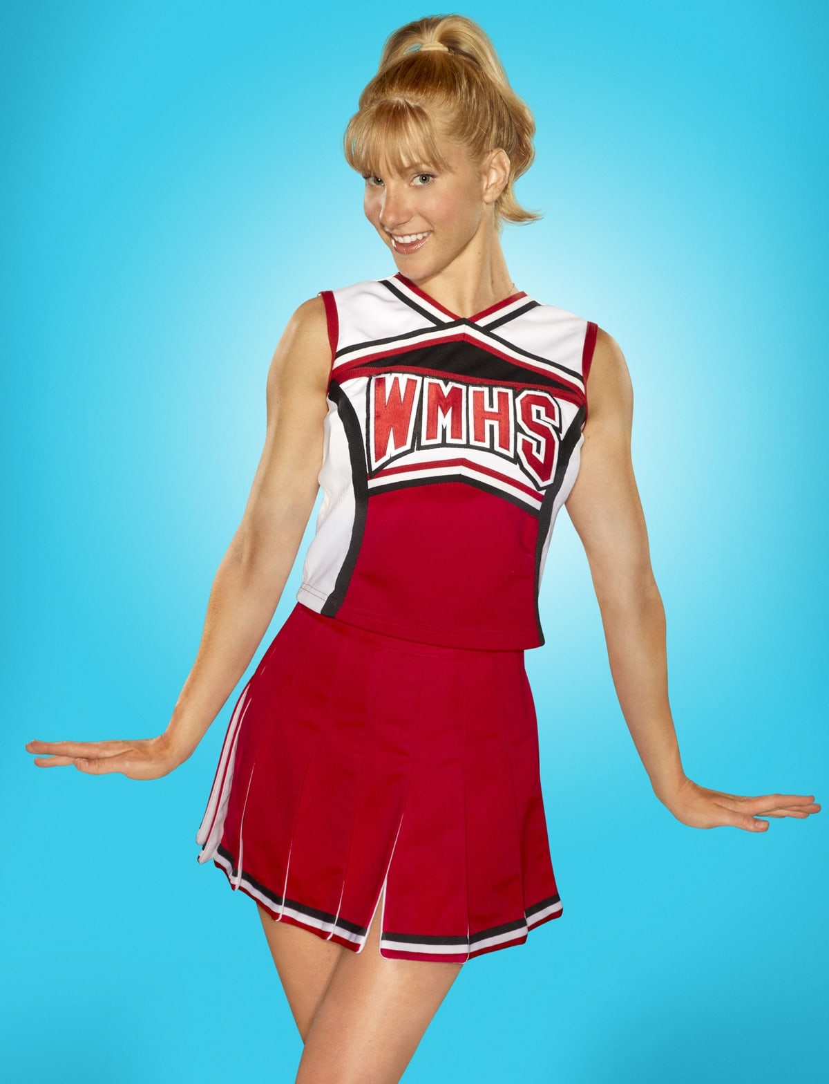 Heather Morris channels high school spirit as Brittany S. Pierce in Glee, wearing the iconic WMHS cheerleading uniform designed by costume designer Lou Eyrich