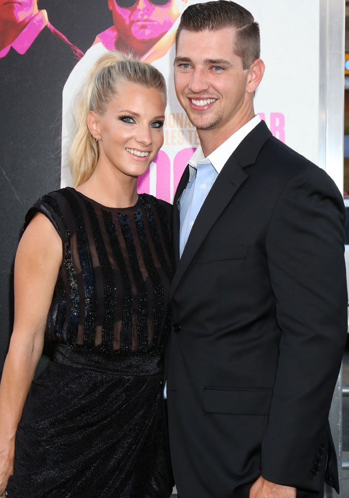 Heather Morris and husband Taylor Hubbell pose for photos at the "War Dogs" premiere