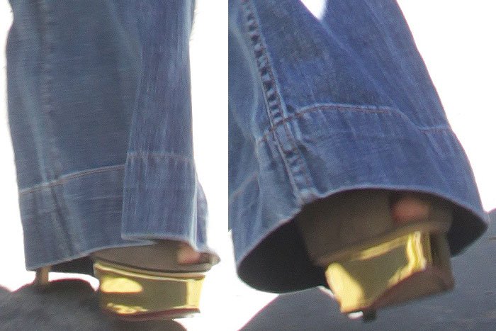 Jennifer Lopez’s feet in gold-platformed Charlotte Olympia “Daphne” peep-toe pumps, a glamorous choice that added height and shimmer beneath her denim Majorelle jumpsuit