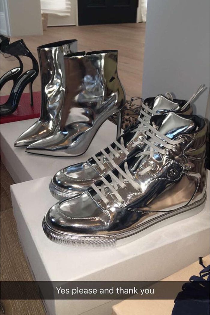 Kylie Jenner's Snapchat of her Balenciaga ankle boots and sneakers in silver mirror leather — posted on July 13, 2016