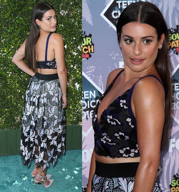 The open-back Self-Portrait set highlights Lea Michele's delicate lace detailing from every angle, while her sleek center-parted hair and blush Casadei heels keep the look polished and modern