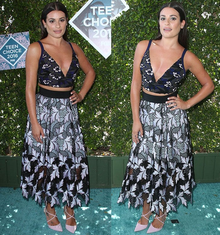 Lea Michele balances the plunging neckline and sheer lace panels of her Self-Portrait ensemble with understated styling, letting the pastel Casadei pumps provide the outfit's subtle contrast