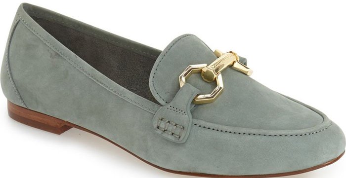 Louise et Cie’s “Faunia” suede loafers combine a softly almond-shaped toe with equestrian-inspired gold horsebit hardware, delivering a polished flat that feels timeless, tailored, and effortlessly wearable