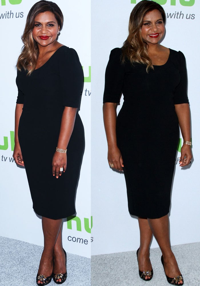 Mindy Kaling radiates sophistication in a chic Dolce Gabbana black dress, complemented by her signature embellished peep-toe pumps, at the Hulu TCA Summer 2016 event