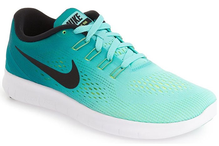 Nike “Free RN” running shoes in Hyper Turquoise/Black/Rio Teal/Volt, originally retailing for $100, feature a lightweight mesh upper and flexible, barefoot-inspired sole designed for natural movement