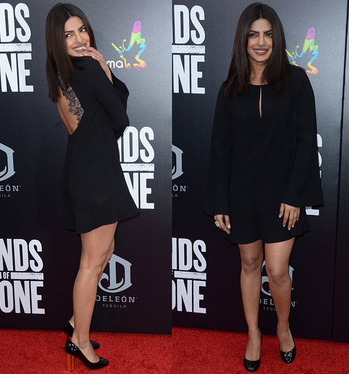 Priyanka Chopra highlights her legs in a black BCBG Max Azria mini dress, elevated by Louis Vuitton “Night Bloom” pumps with sculptural gold Monogram flower heels that elongate her silhouette