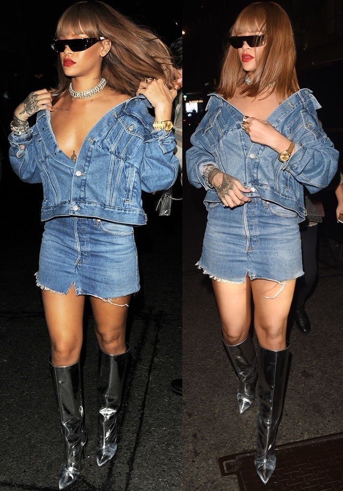 Rihanna turned oversized denim into a daring after-dark statement, styling her Balenciaga jacket off the shoulders with a frayed Vetements mini skirt and mirrored knee-high boots for a futuristic take on double denim