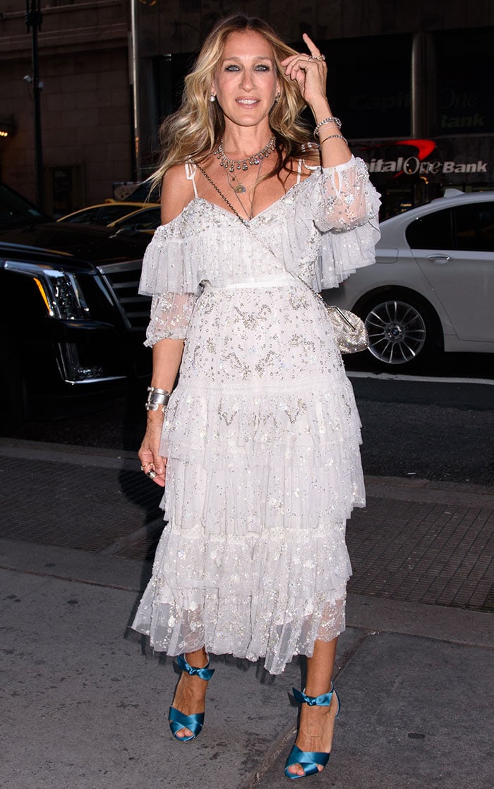 Sarah Jessica Parker in a ruffled Needle Thread open shoulder dress