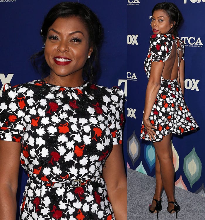 Taraji P. Henson stuns in an Emanuel Ungaro floral mini dress, featuring a daring open-back and structured shoulders, perfectly styled with sleek black sandals at the Fox TCA All-Star Party