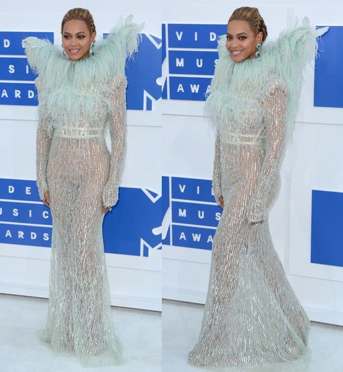 Beyoncé dazzles at the 2016 MTV Video Music Awards in a stunning, feathered Francesco Scognamiglio gown paired with striking emerald Lorraine Schwartz jewelry