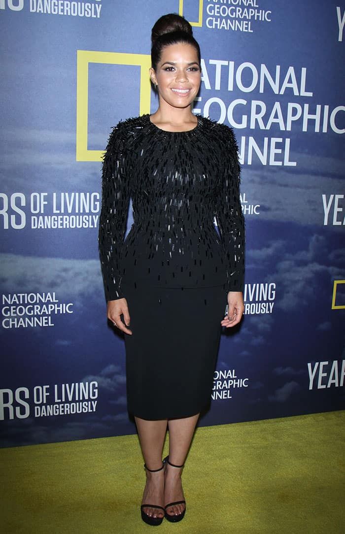 America Ferrera exudes elegance in a black embellished Jenny Packham dress paired with Stuart Weitzman “Nudist” sandals at the Years of Living Dangerously season two premiere in New York City