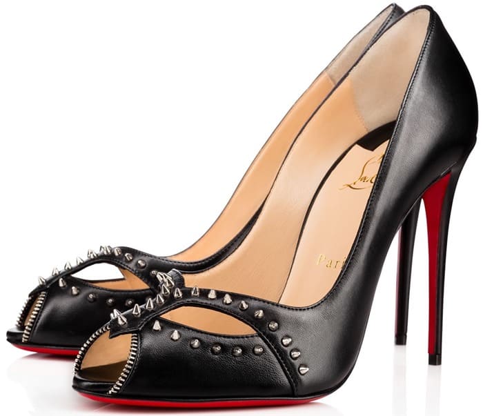 Kate Mara styled the black Christian Louboutin Cagouletta pumps in a sleeker all-black finish, using the studded cutouts and sculptural silhouette to offset a delicate, embroidered dress with modern attitude