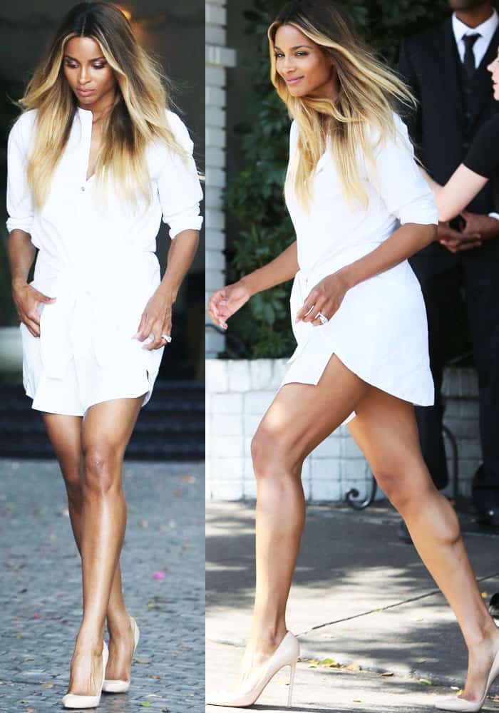 Ciara’s nude Christian Louboutin “Pigalle” pumps create a leg-lengthening effect, perfectly complementing her crisp white Rag Bone shirt dress